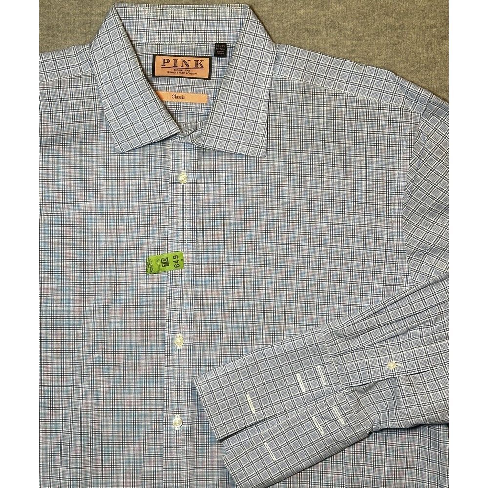 Thomas Pink Dress Shirt Men's Size 17 35.5 100% Cotton Checkered Blue White